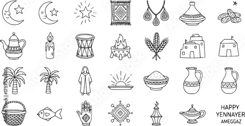 Hand-drawn Set of Amazigh (Berber) Yennayer New Year Celebration Icons with Traditional Cultural Symbols: Moon, Stars, Food, Jewelry  Architecture