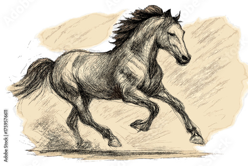 Vector illustration using broad galloping dynamic horse sketch brush lines gestural
