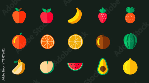 Flat Design Fruit Icons - Apple, Banana, Strawberry, Pineapple, and More.