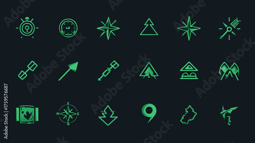 Glowing green futuristic navigation and exploration icon set.