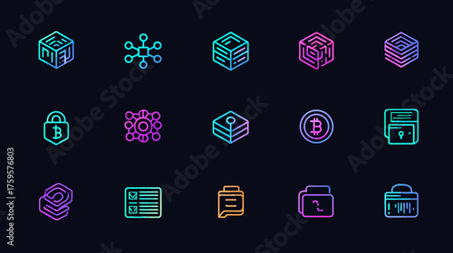 Neon Cryptocurrency and Blockchain Icons on Dark Background.