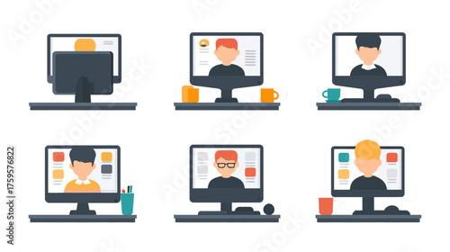 Online meeting concept with people on computer screens.