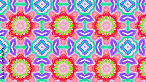Seamless psychedelic kaleidoscope pattern with neon green, pink and orange mandala symmetry