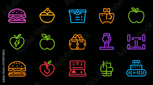 Neon Food and Fitness Icons - A Vibrant Collection for Health and Wellness.