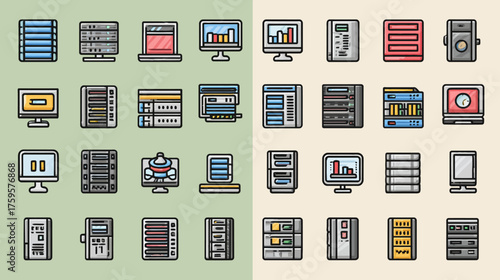 Server and Data Center Hardware Vector Icon Set.