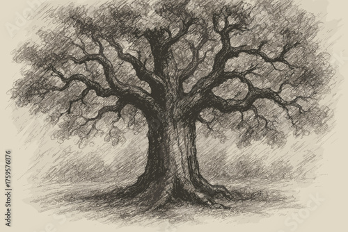 Across broad vector illustration sketch shading tree branches trunk charcoal oak bark