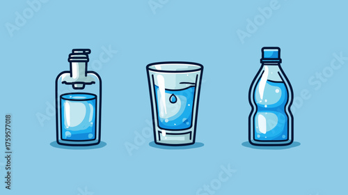 Three Containers of Water - Bottle, Glass, and Dispenser.