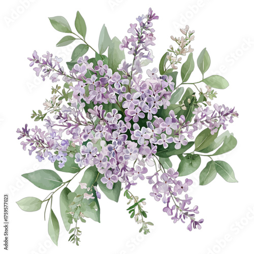 Elegant Watercolor Lilac Bouquet Clipart: Hand-Painted Floral Illustration

