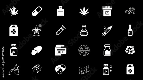 White Glyph Icon Set for Drugs and Medicine.