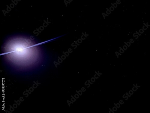 An astronomical (outer space) photograph featuring a deep black background dotted with faint, distant stars. In the left corner, a celestial body glows with an intense, blueish-white halo.