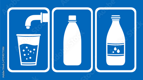 Water sources and containers for drinking water, a visual guide.