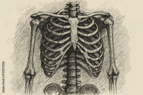 Ribcage shading illustration anatomical dark charcoal vector structural sketch spine