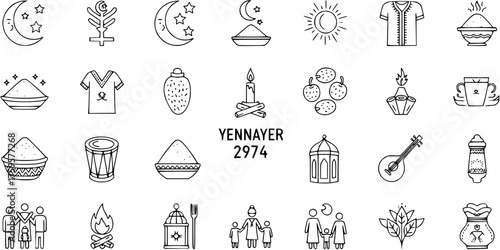 Yennayer 2974: Berber New Year icons set. Cultural line art symbols of North African traditions, celebration, and heritage including food, family, music, and nature.