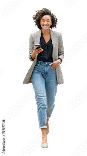 PNG Confident woman walking with smartphone.