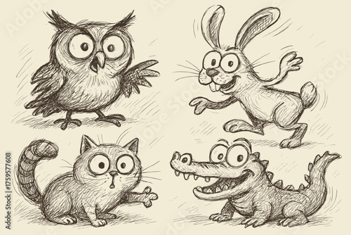 Funny illustration drawn whimsical animal sketches animals gestures big vector expressive sketch