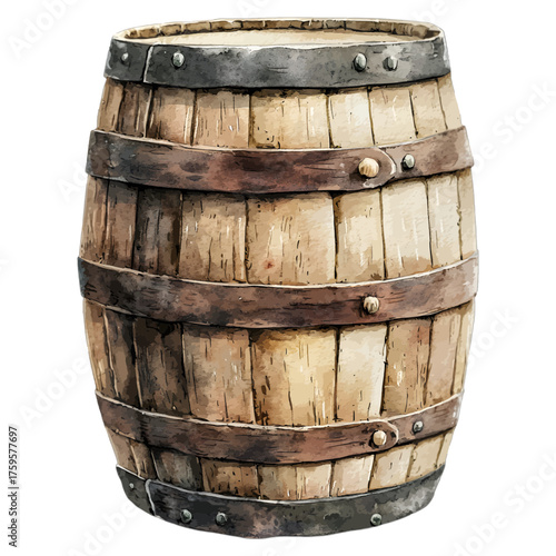 Rustic Watercolor Wooden Barrel with Metal Bands: Farmhouse Clipart
