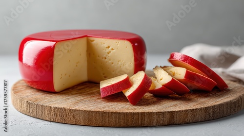 Edam cheese slice on wooden board