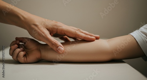 Wallpaper Mural Adult hand touching child's arm in calm indoor setting   Torontodigital.ca