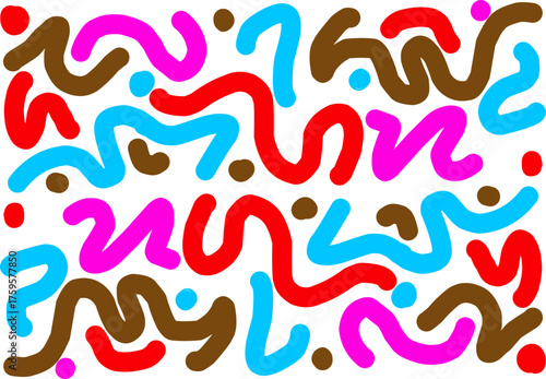 Colorful abstract pattern with wavy red, blue, pink, and brown lines on a white background. Playful modern design perfect for fabric, art, and digital projects.
