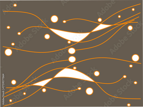 Abstract geometric design with orange curved lines and white circles on a brown background. Modern, elegant composition ideal for decor, art, and backgrounds.
