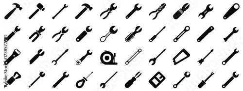 High-quality black and white tool icons set, 30 mechanical hand tools in organized grid, minimalist silhouettes, clean lines, UI design, engineering, workshop, library reference ready.