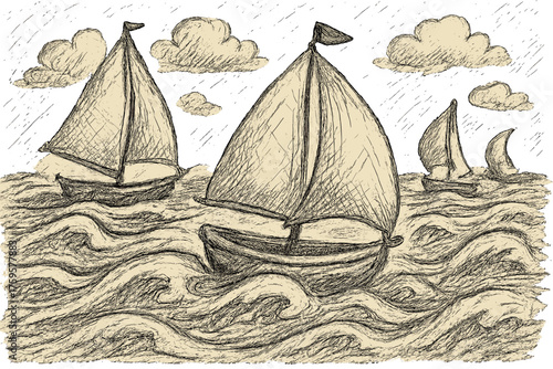 Small sails sketchy illustration uneven boats vector waves wavy lines exaggerated doodle