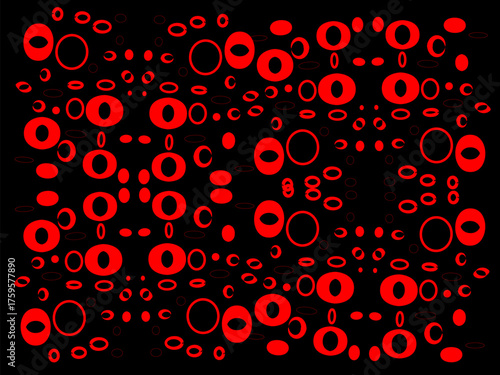 Bold abstract pattern of glowing red circles on a black background. Futuristic geometric texture ideal for digital art, backgrounds, and modern graphic design.