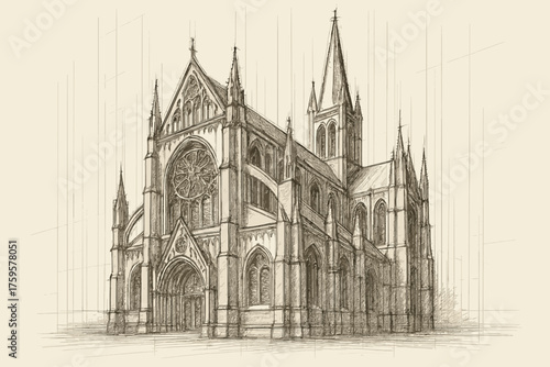 Sketch cathedral vector gothic precise lines draft windows shaded illustration