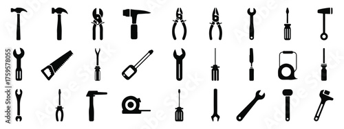 High-quality black and white tool icons set, 30 mechanical hand tools in organized grid, minimalist silhouettes, clean lines, UI design, engineering, workshop, library reference ready.