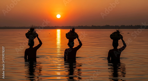 Devotees Offering Prayers during Chhath Puja at Sunrise on River Bank