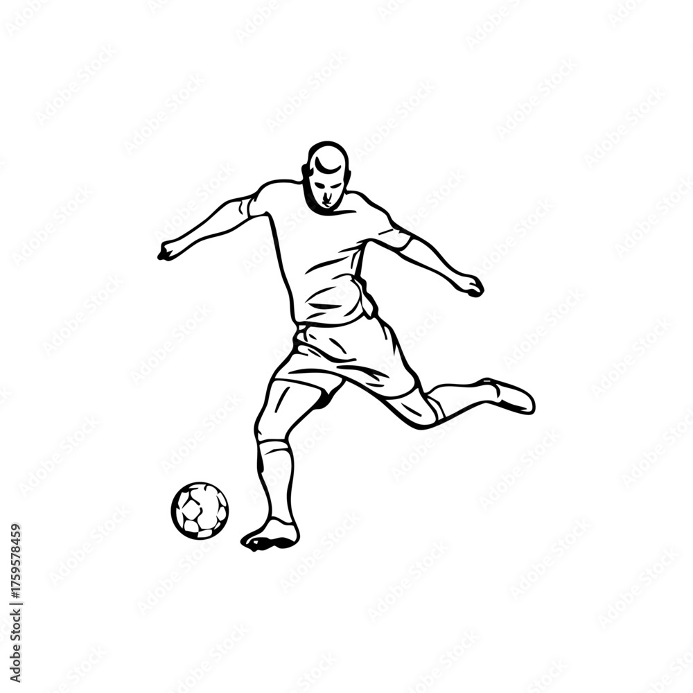 Fototapeta premium Soccer player kicking a ball mid-air, representing teamwork, competition, athletic performance, and sports spirit.