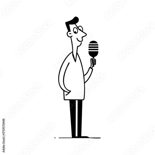 Man holding a microphone, representing a cheerful radio or TV host speaking on air.