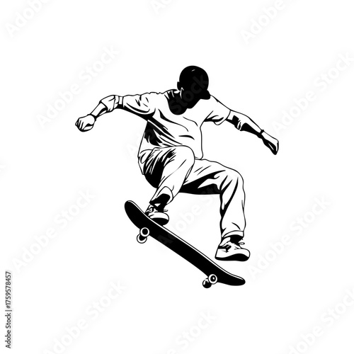 Young man performing an aerial skateboard trick, symbolizing street culture, agility, and extreme sports energy.