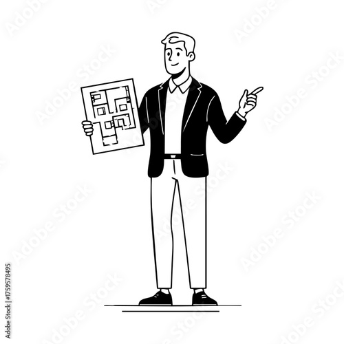 Real estate agent presenting a house floor plan, symbolizing property sales and professional real estate services.