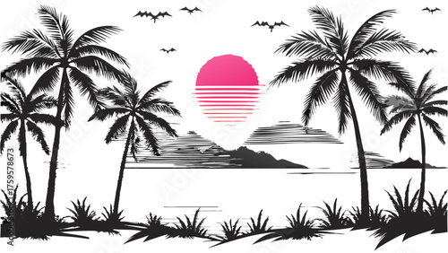 Tropical paradise sunset silhouette with palm trees and distant mountains, evoking vacation vibes and summer dreams for travel posters and beach promotions