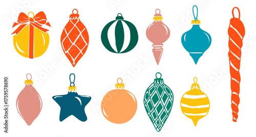 Set of  minimalist vector Christmas ornaments in bright colors and geometric patterns, isolated on transparent background, clean, modern, and stylized holiday design