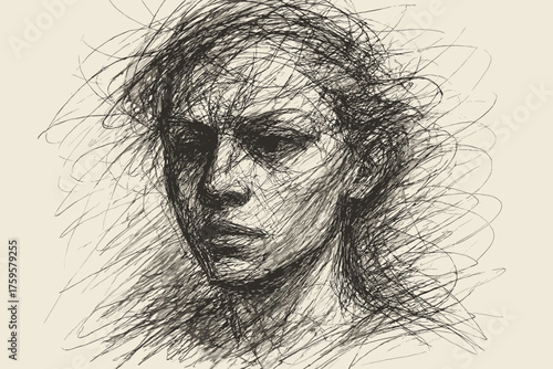 Shaded portrait chaotic strokes vector expressive illustration layered abstract hatching contours made