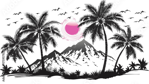 Dreamy tropical island escape with palm trees, majestic mountains, and a vibrant sunset, perfect for vacation vibes and wanderlust inspiration