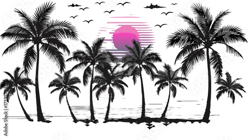 Dreamy tropical beach sunset with palm trees and birds, perfect for summer vacation vibes and island getaways, serene and relaxing escape illustration