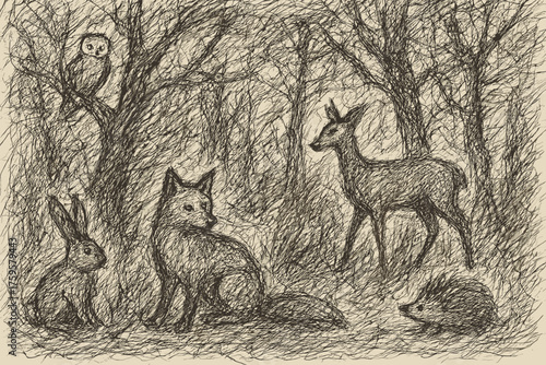 Scene doodles creating vector trees forest animals illustration energetic chaotic messy texture