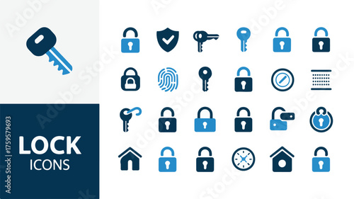 Minimalist blue security icons set featuring padlock, key, fingerprint, safe, shield, and encryption symbols on white background, modern vector style, lock and protection concept.