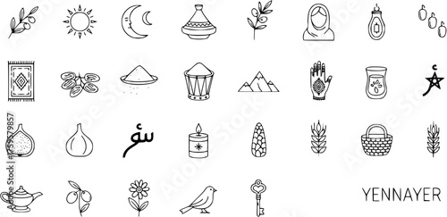 Yennayer Amazigh Berber New Year celebration icons set, featuring North African traditional culture, food, harvest, nature, and prosperity symbols in line art.