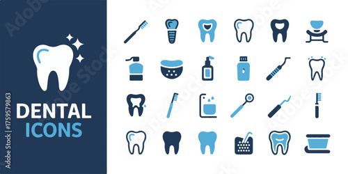Minimalist dental icons set on white background with navy blue border, featuring tooth logo, toothbrush, toothpaste, implant, crown, floss, chair, mirror, and mouthwash in blue tones.