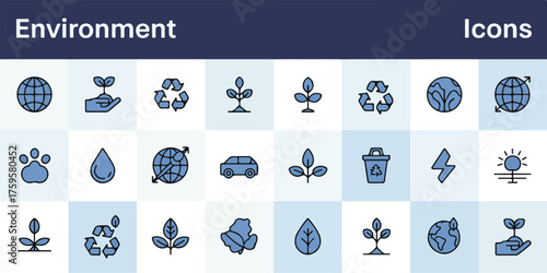 minimalist eco icons set, blue sustainability symbols, clean line environmental vector pack, recycle nature energy earth leaf tree globe water eco-friendly illustration on white background.