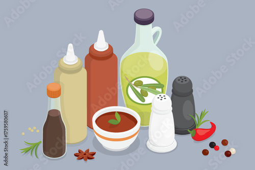 Sauce, spices, seasoning, herbs still life. Different types of sauce and condiments set. Salt, pepper, mustard, ketchup, olive oil, soy sauce, chili pepper. 3d flat isometric vector illustration.