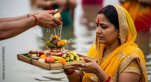 Chhath Puja Celebration: Woman offering prayers to Sun God, India