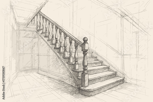 Vector lines draft balusters shaded sketch staircase architectural interior perspective illustration