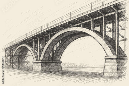 Sketch arches strokes perspective bridge beams illustration vector textured architectural structural