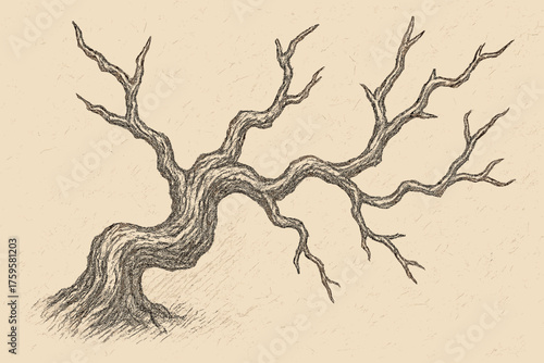 Twisted offshoots vector illustration gnarly sketch rough branch shading textured pencil