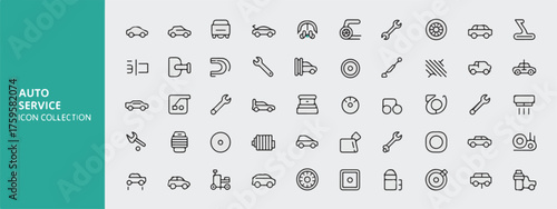 Thin line automotive and mechanical icons, organized grid, car, tire, engine, wrench, battery, speedometer, fuel, key, simple scalable vector, clean layout, teal panel 'AUTO SERVICE ICON COLLECTION